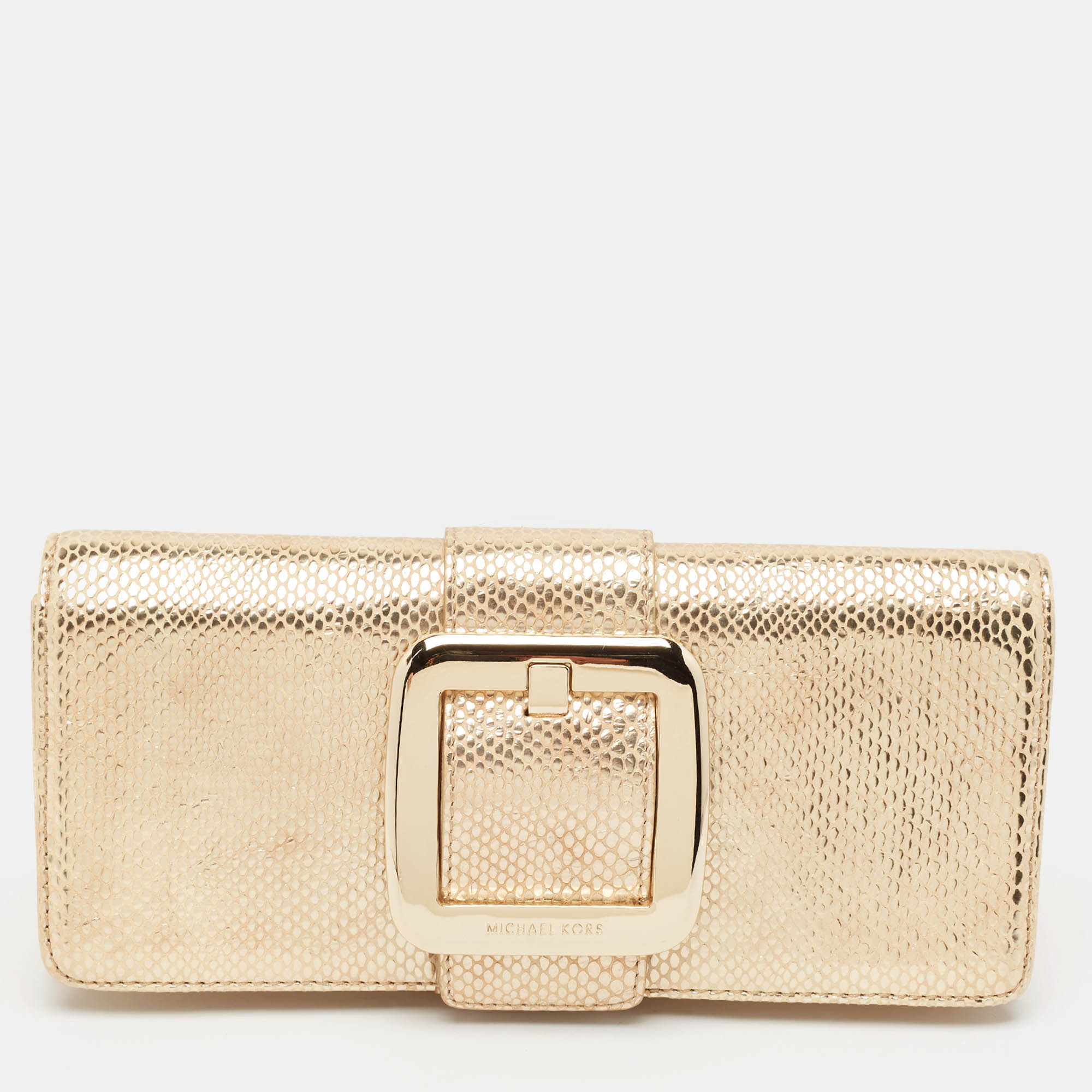 

MICHAEL Michael Kors Gold Snake Effect Suede Sutton Clutch