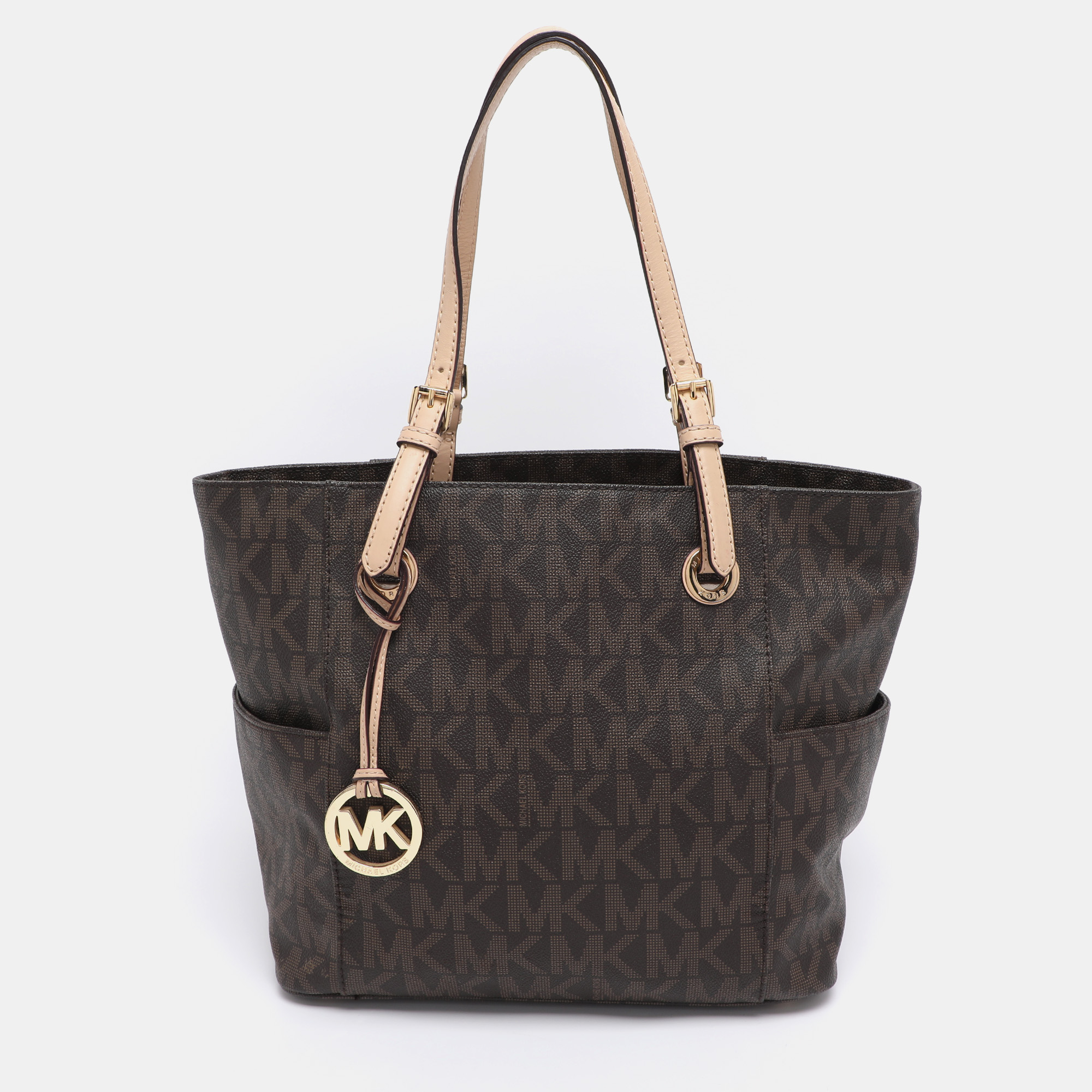 Pre-owned Michael Michael Kors Dark Brown Signature Coated Canvas And Leather Jet Set Tote