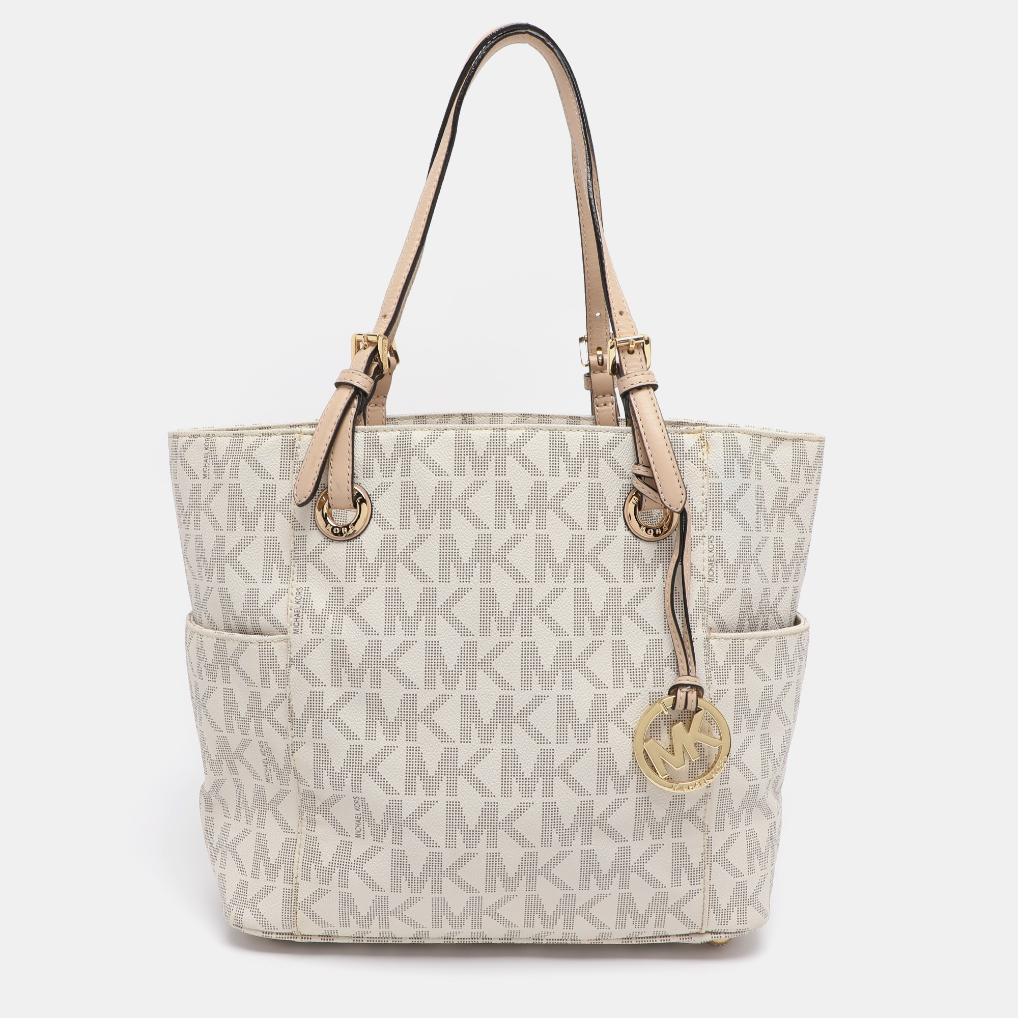 Pre-owned Michael Michael Kors Off White/beige Signature Coated Canvas And Leather Jet Set East West Tote