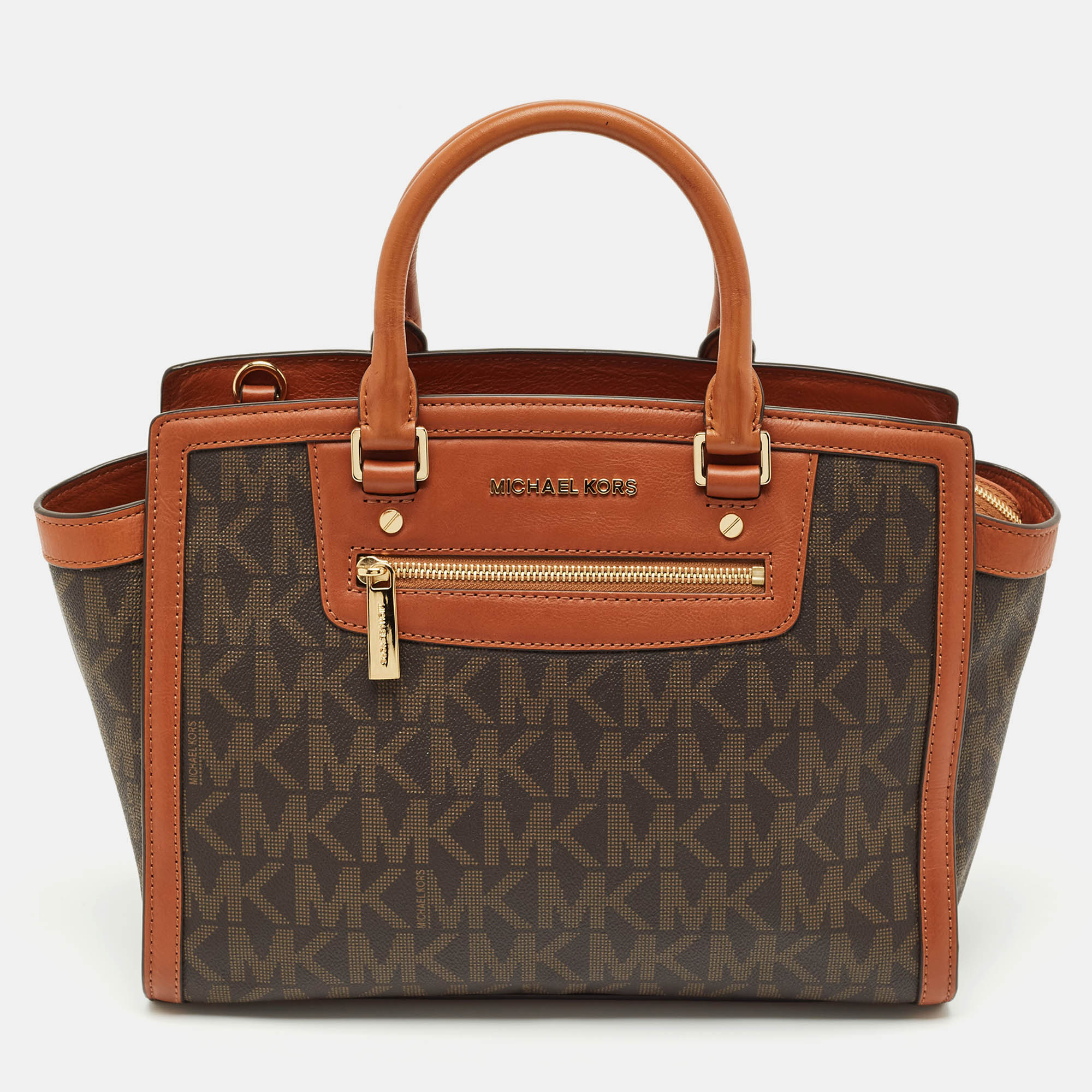 Pre-owned Michael Michael Kors Brown Signature Coated Canvas And Leather Large Selma Tote