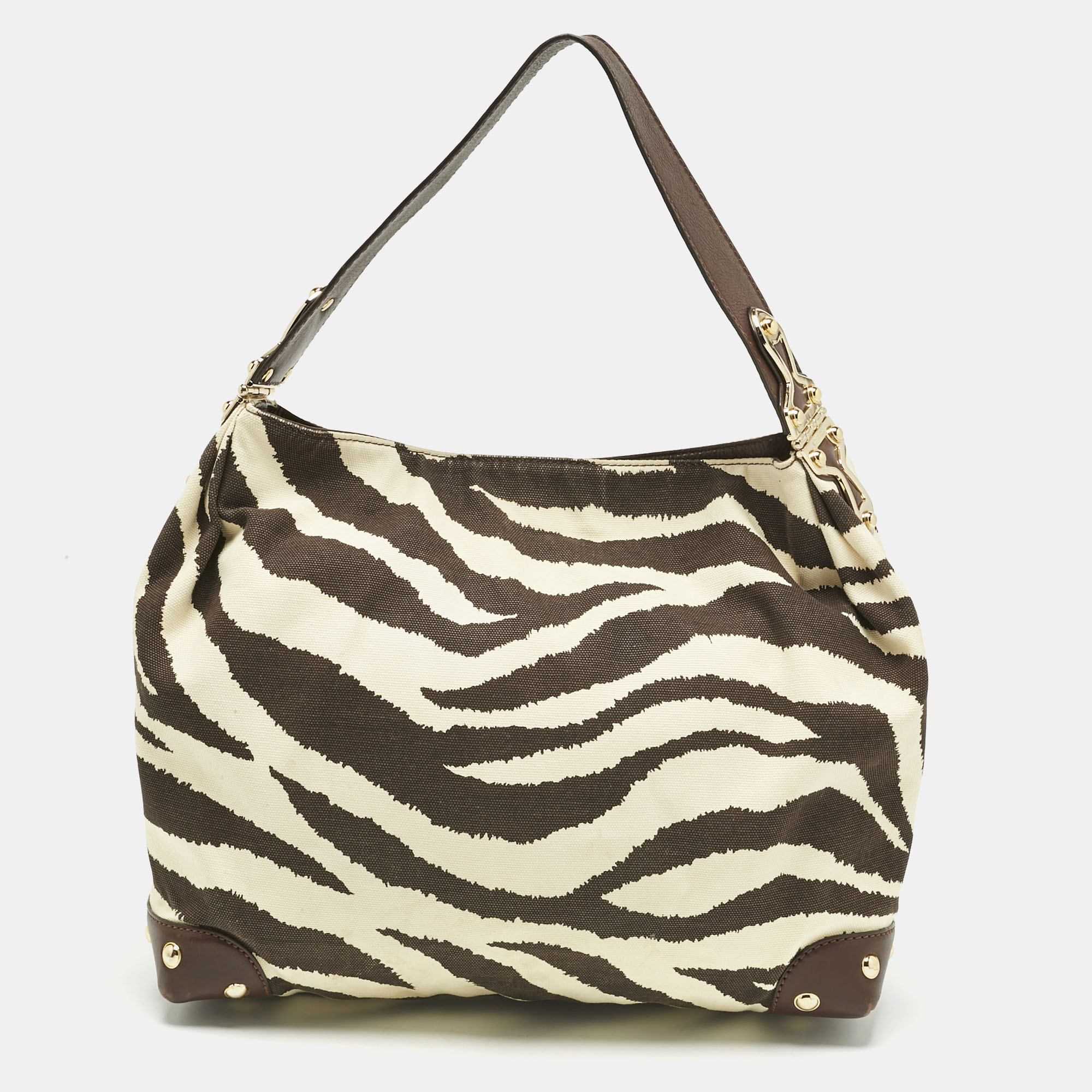 

MICHAEL Michael Kors Brown/Cream Zebra Print Canvas and Leather Hobo