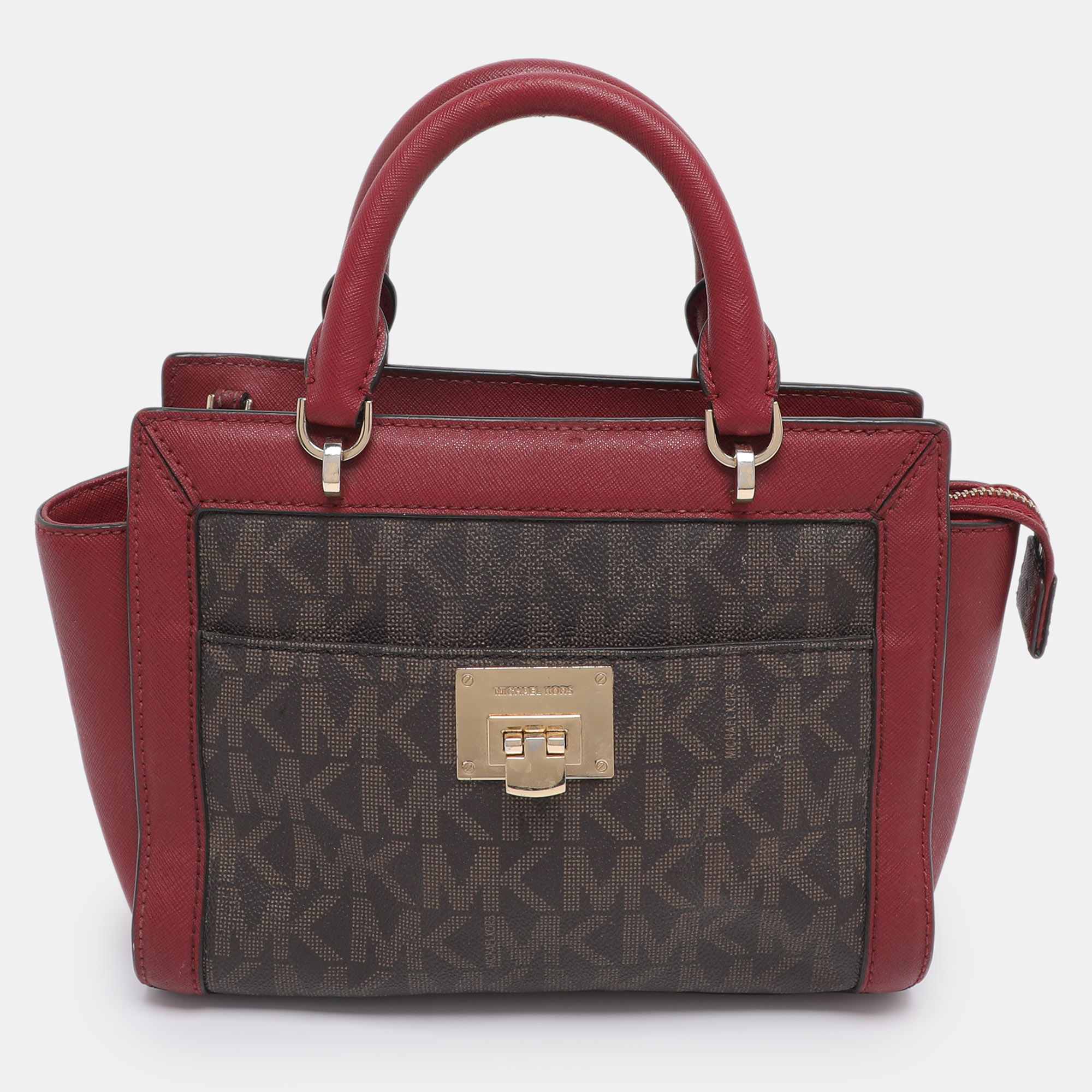 Pre-owned Michael Michael Kors Brown/red Signature Coated Canvas And Leather Tina Satchel
