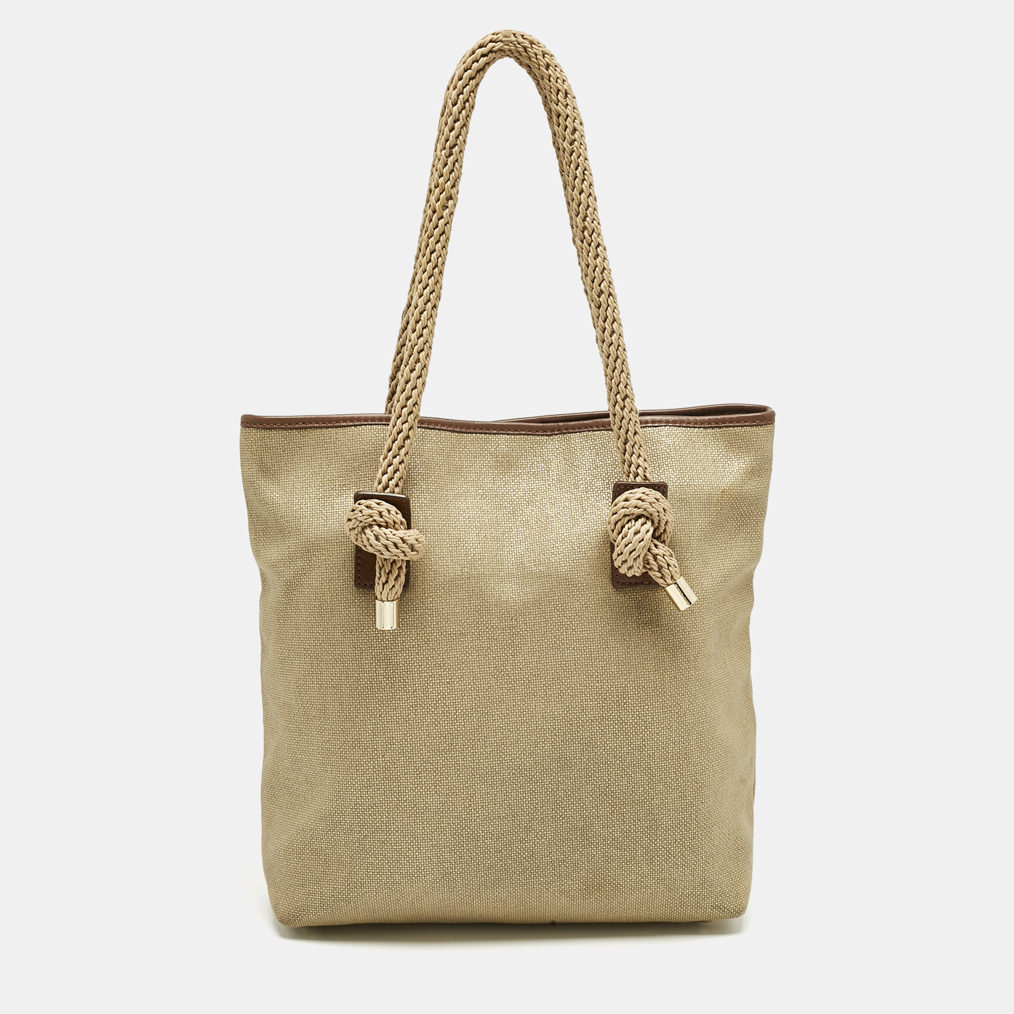 Pre-owned Michael Michael Kors Gold/brown Shimmer Canvas Knotted Handle Tote