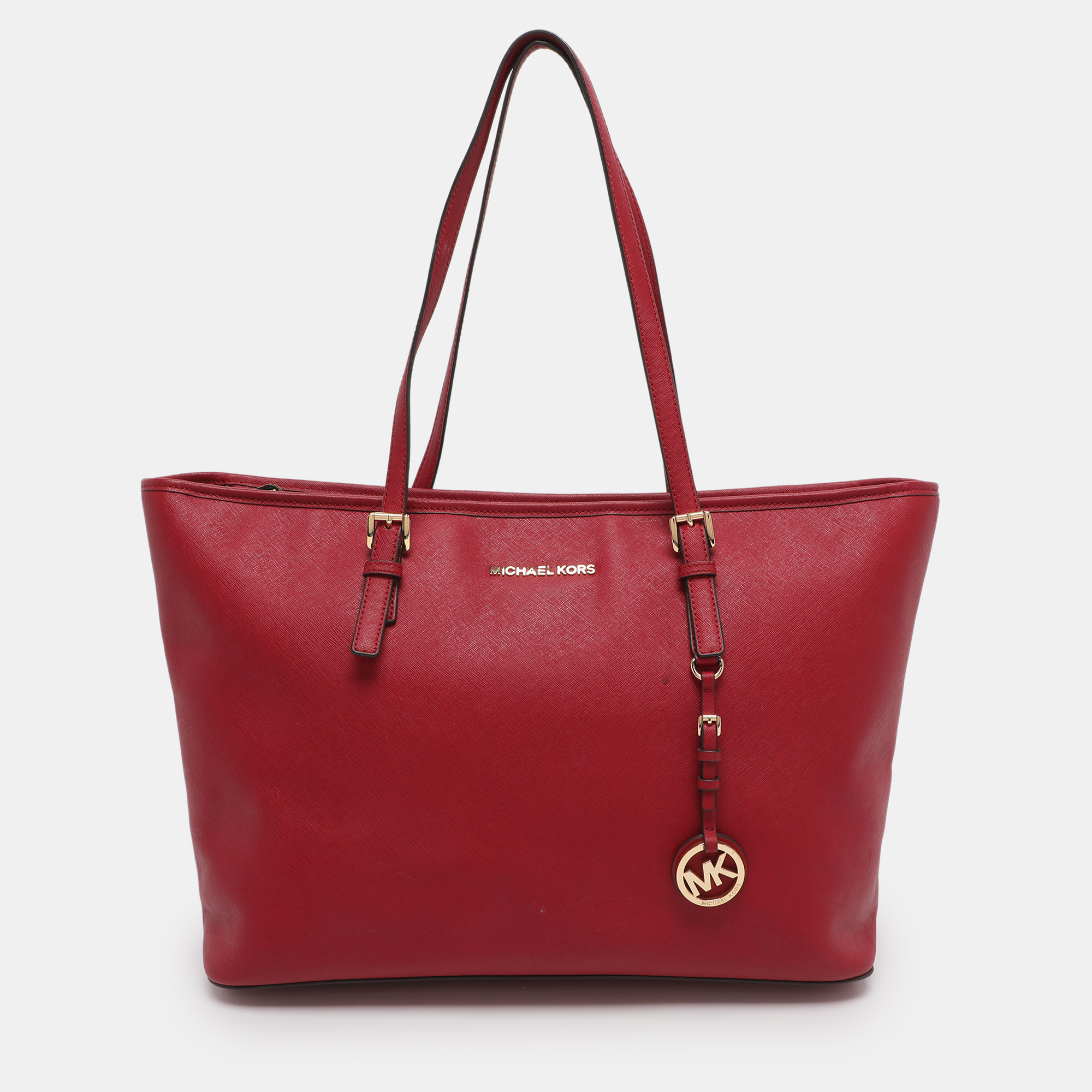Pre-owned Michael Michael Kors Red Saffiano Leather Large Jet Set Travel Tote