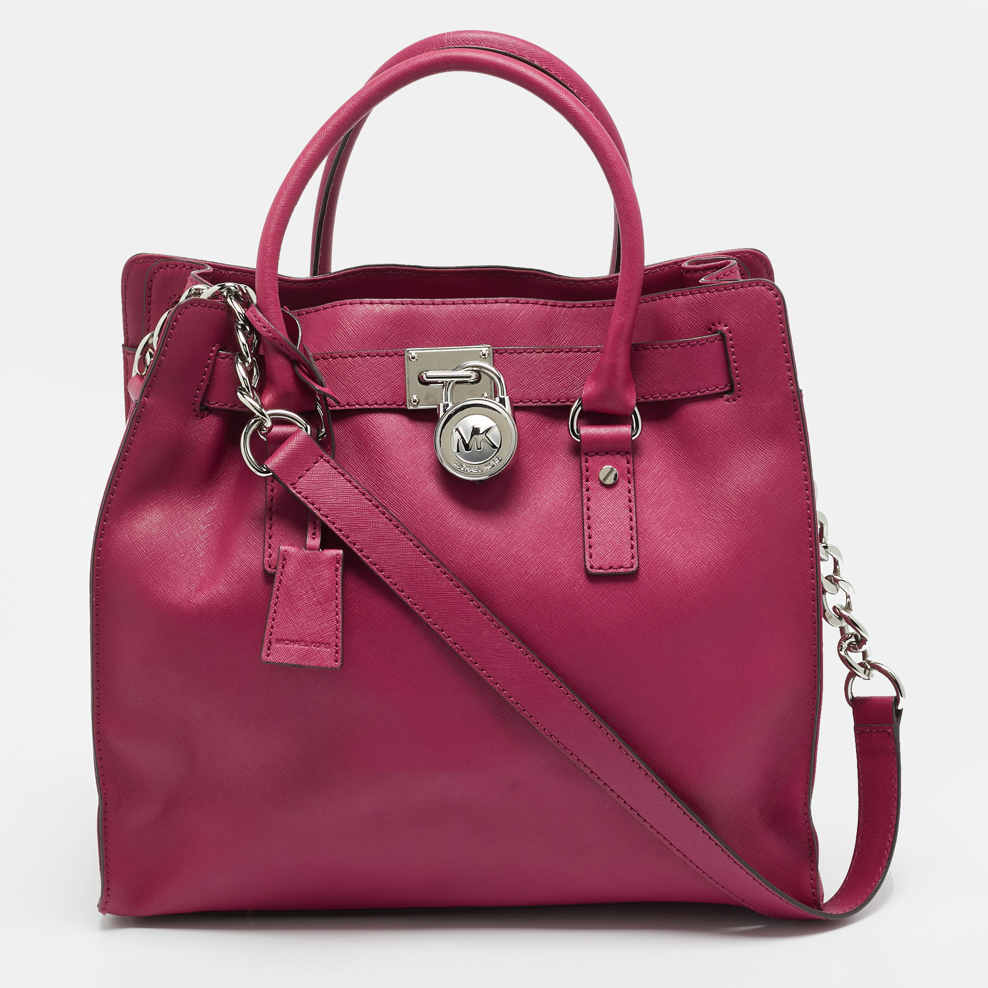 Pre-owned Michael Michael Kors Hamilton Large Magenta Leather North South Tote In Pink