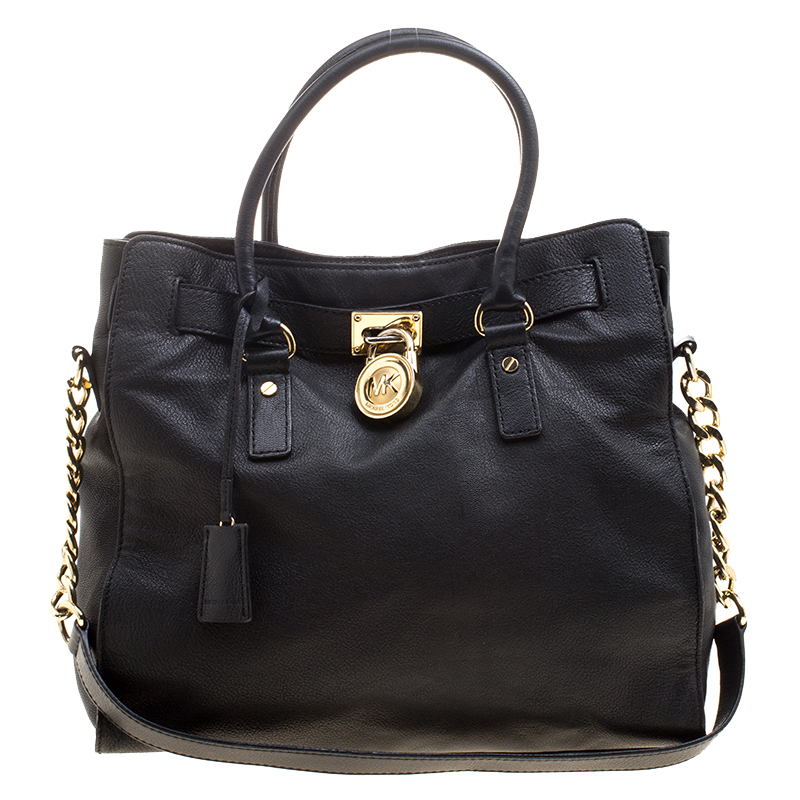 Pre Owned Michael Michael Kors Black Leather East West Hamilton Tote