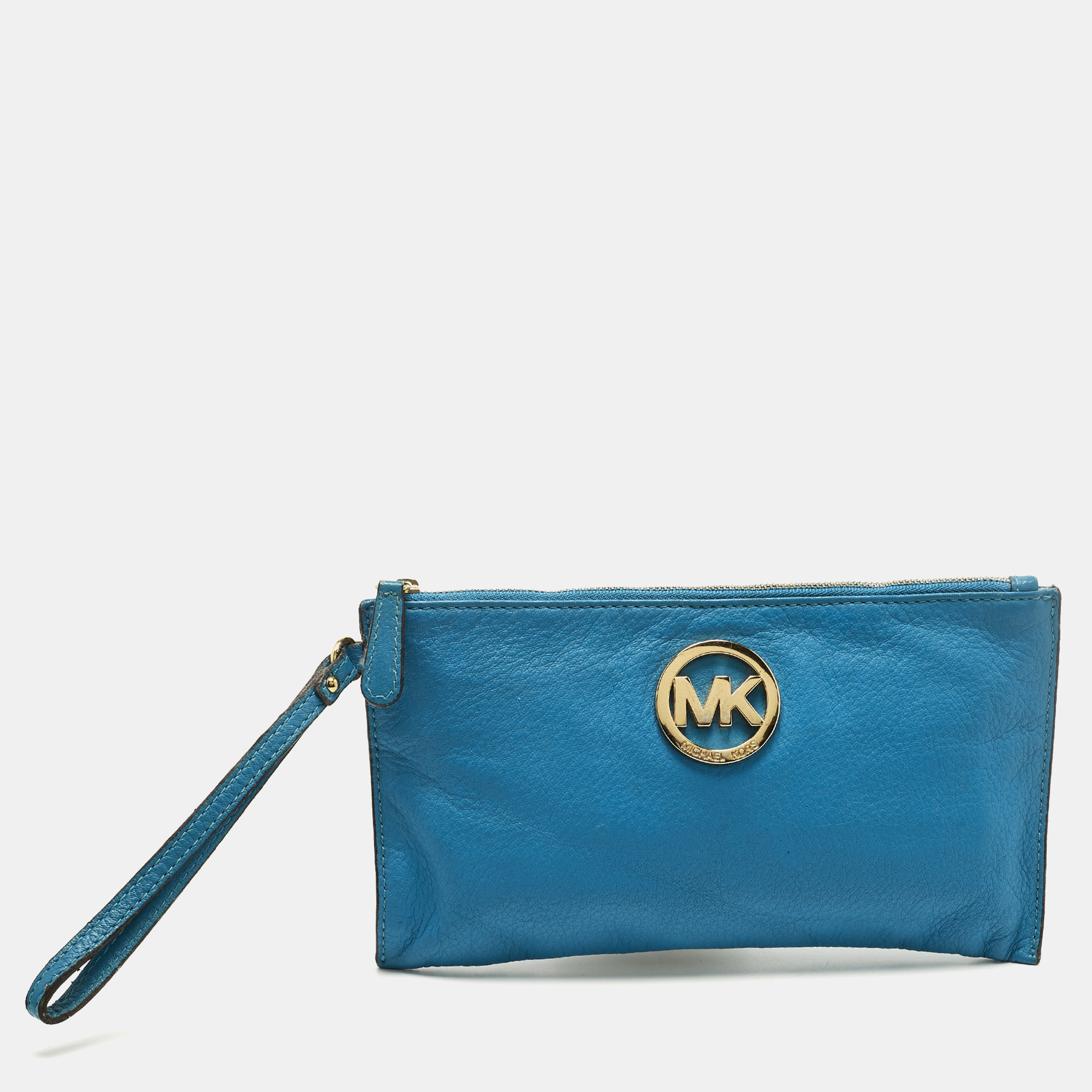 

MICHAEL Michael Kors Logo Blue Leather Wristlet Clutch