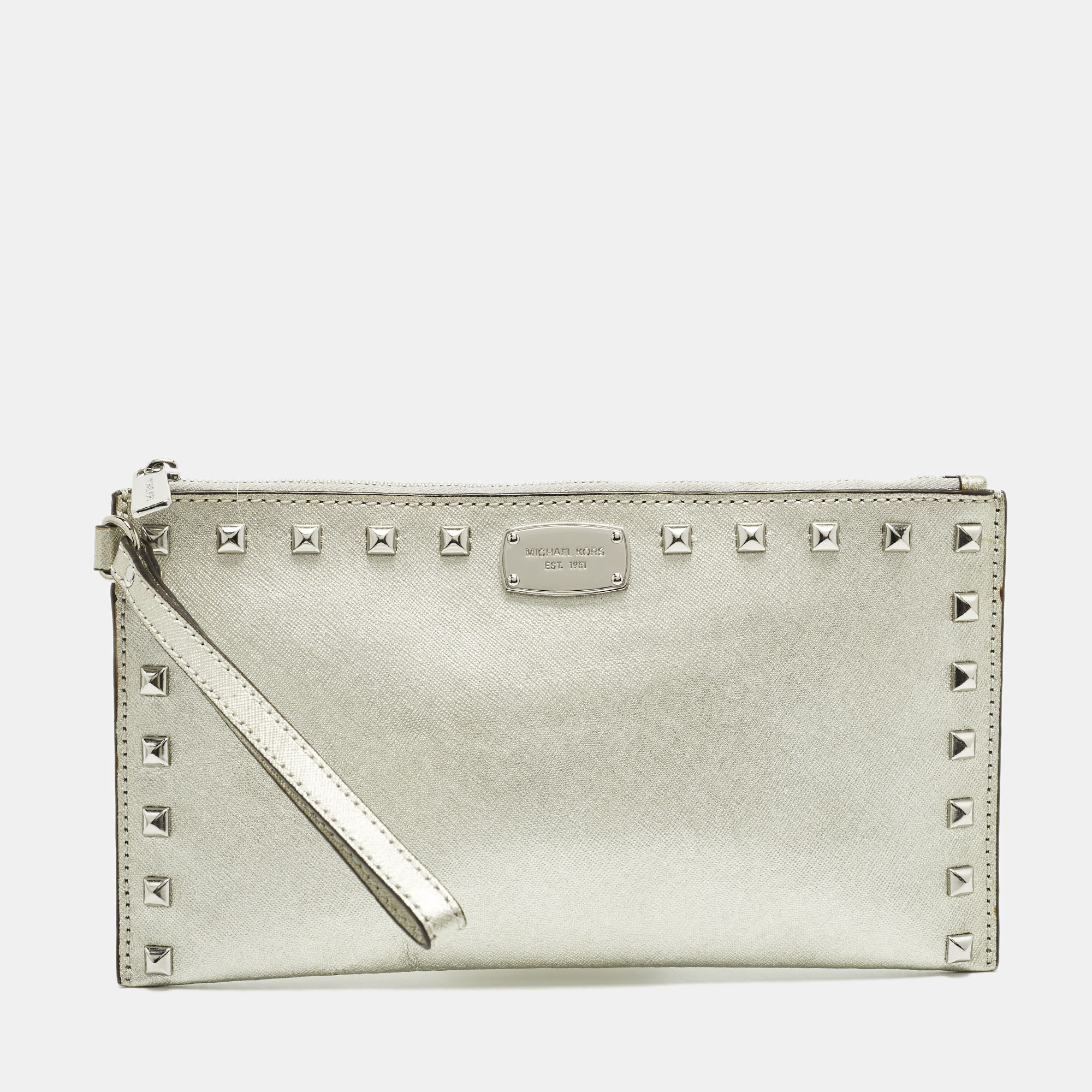 

MICHAEL Michael Kors Silver Saffiano Leather Studded Flat Wristlet Pouch