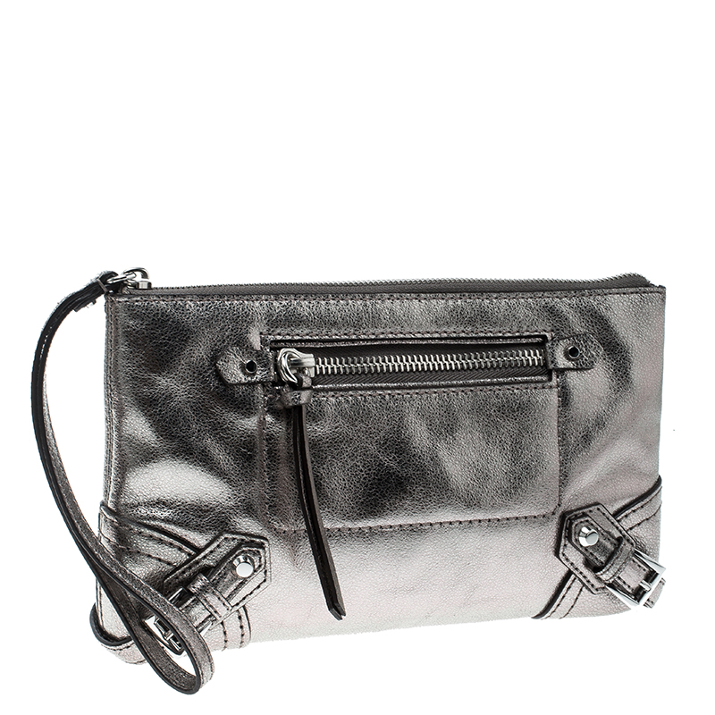 Michael Kors Metallic Grey Leather Fallon Clutch MICHAEL Michael