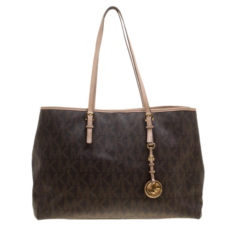 Pre Owned Michael Kors Brown Monogram Coated Canvas Jet Set Tote