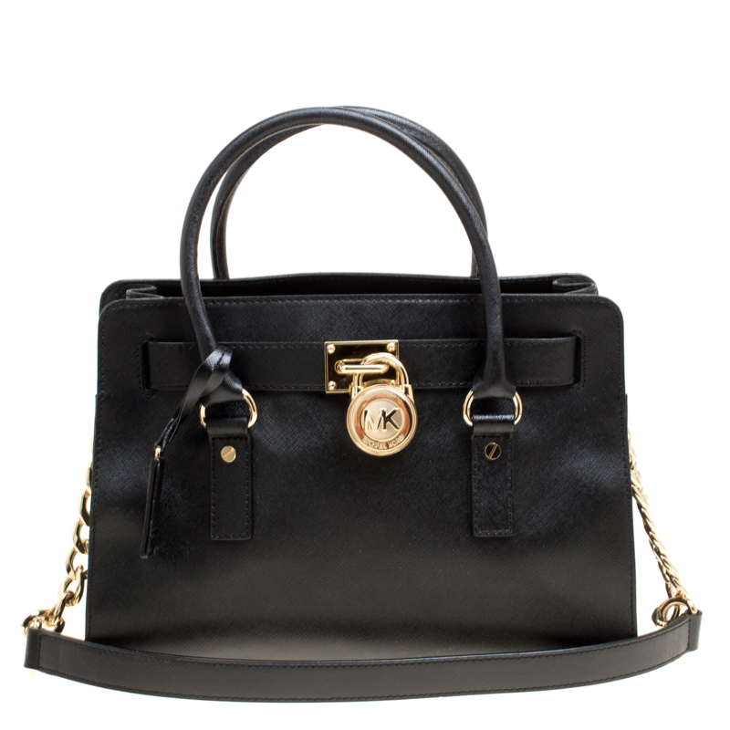 Pre Owned Michael Michael Kors Black Leather Hamilton Top Handle Bag