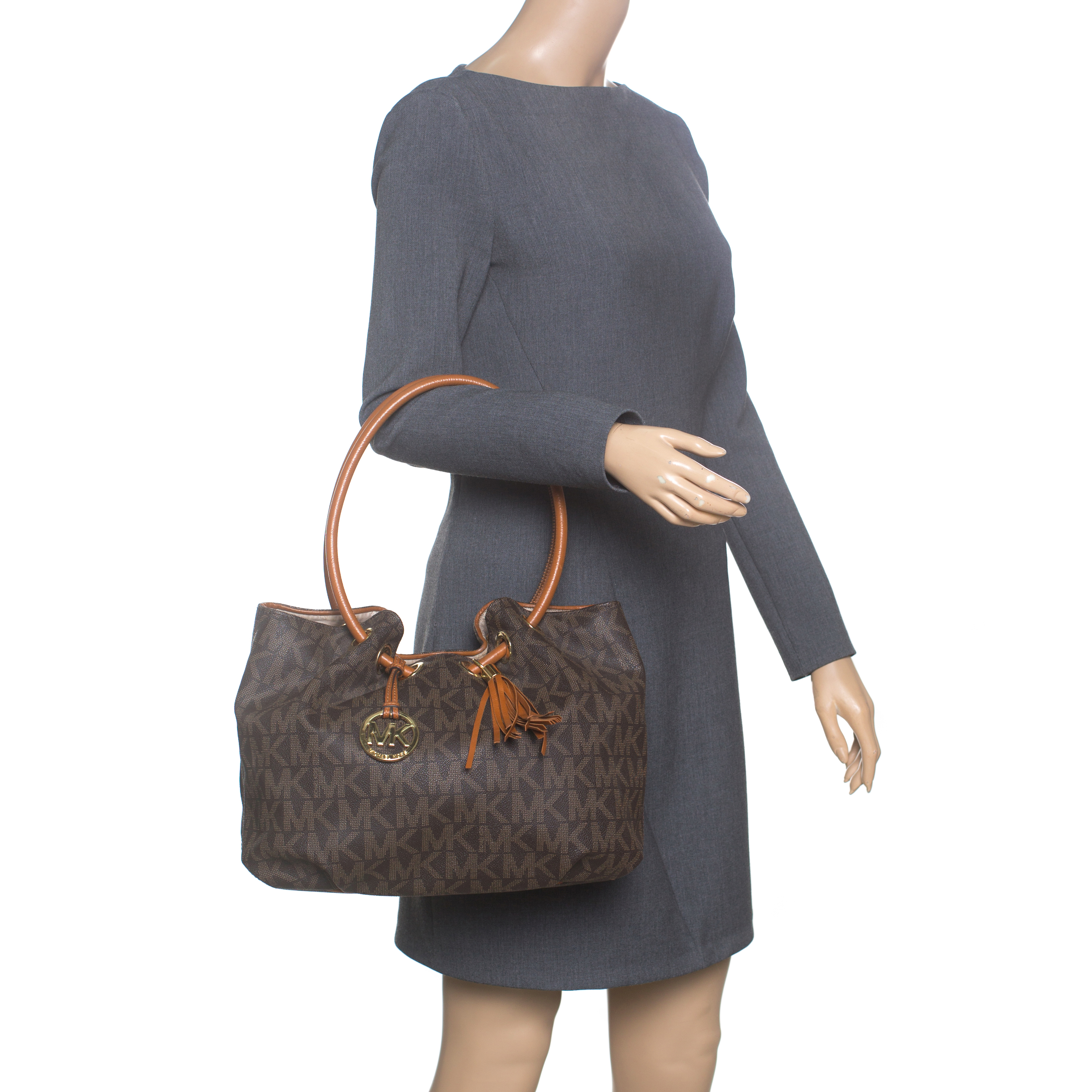 Michael Michael Kors Brown Signature Canvas Ring Tassel Tote