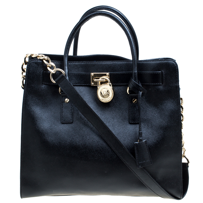 Pre Owned Michael Michael Kors Black Leather East West Hamilton Top Hanlde Bag