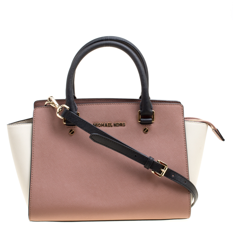 مملوكة مسبقًا حقيبة مايكل كورس يد علوية سلما متوسطة جلد بيضاء/ عنابية