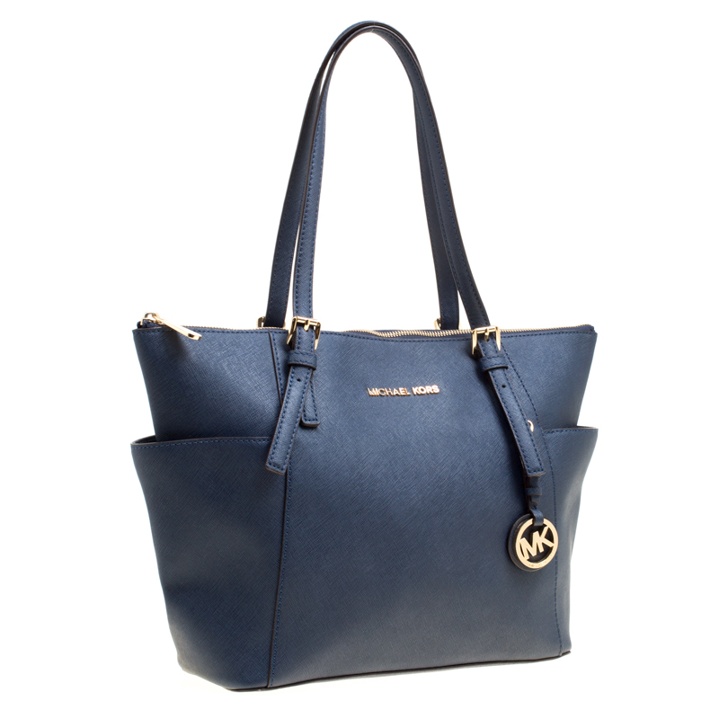 Used michael michael kors BLUE SAFFIANO LEATHER TOP ZIP TOTE HANDBAGS