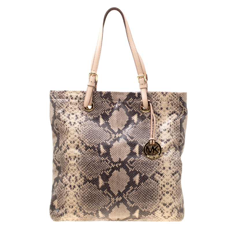 Pre Owned Michael Michael Kors Beige Python Embossed Leather Tote