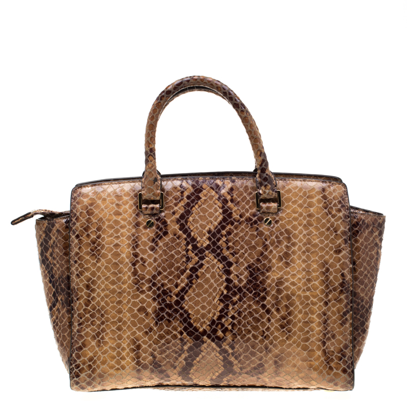 Pre-owned Michael Michael Kors Python Embossed Leather Selma Tote In Brown