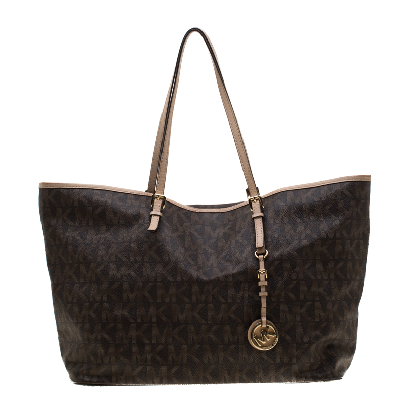 Pre Owned Michael Kors Brown Signature Coated Canvas Jet Set Tote