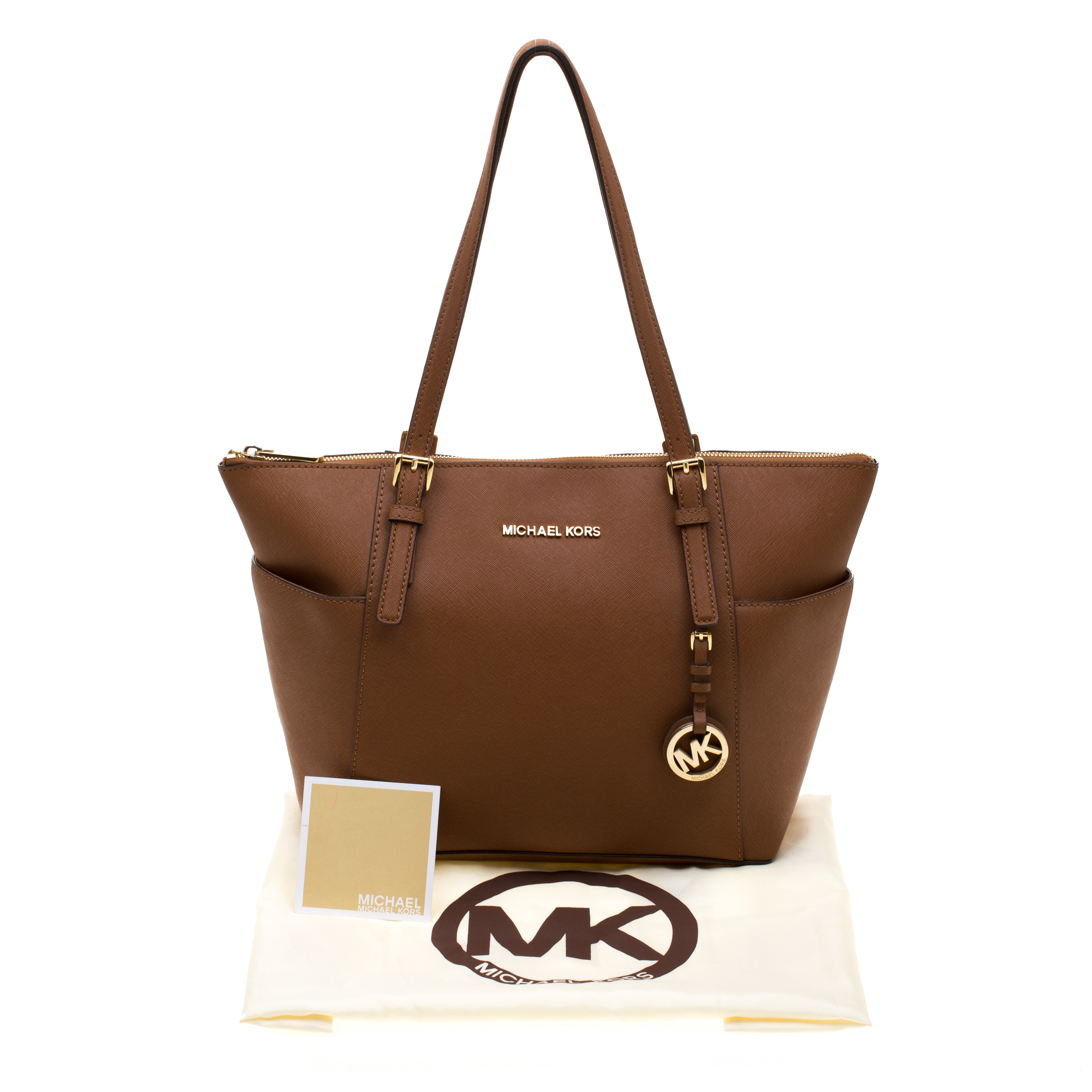 Michael Kors Brown Saffiano Leather Jet Set Top Zip Tote