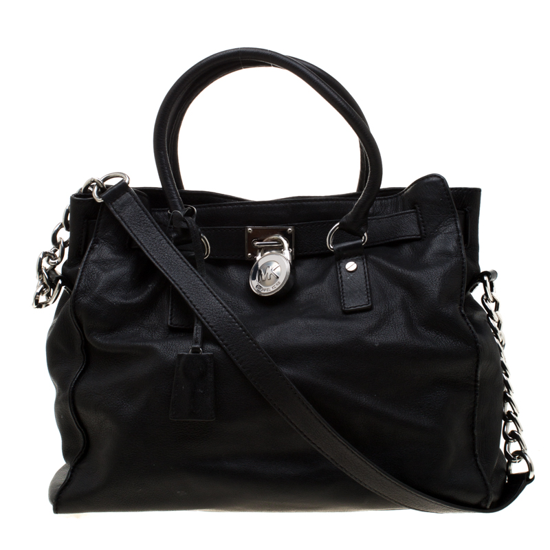 Pre Owned Michael Kors Black Leather East West Hamilton Tote