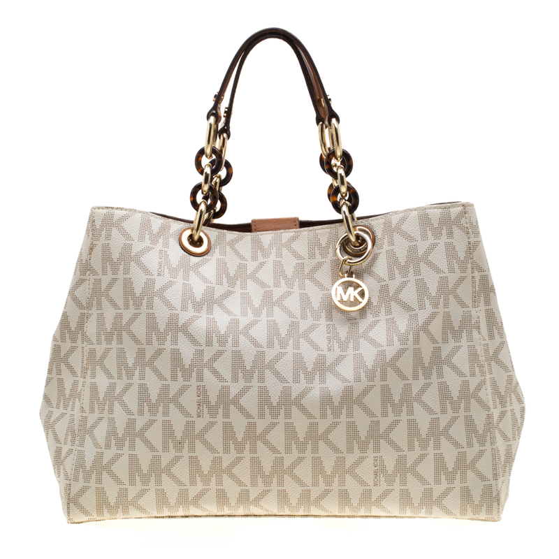MICHAEL Michael Kors Off White Signature Coated Canvas Chain Tote ...