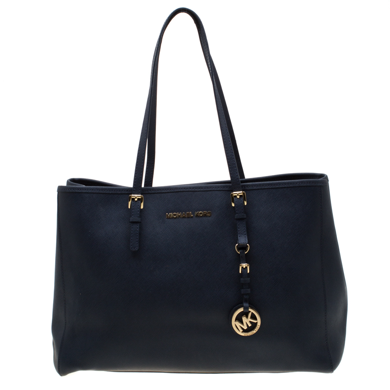 مملوكة مسبقًا MICHAEL Michael Kors Navy Blue Leather Jet Set Travel Tote