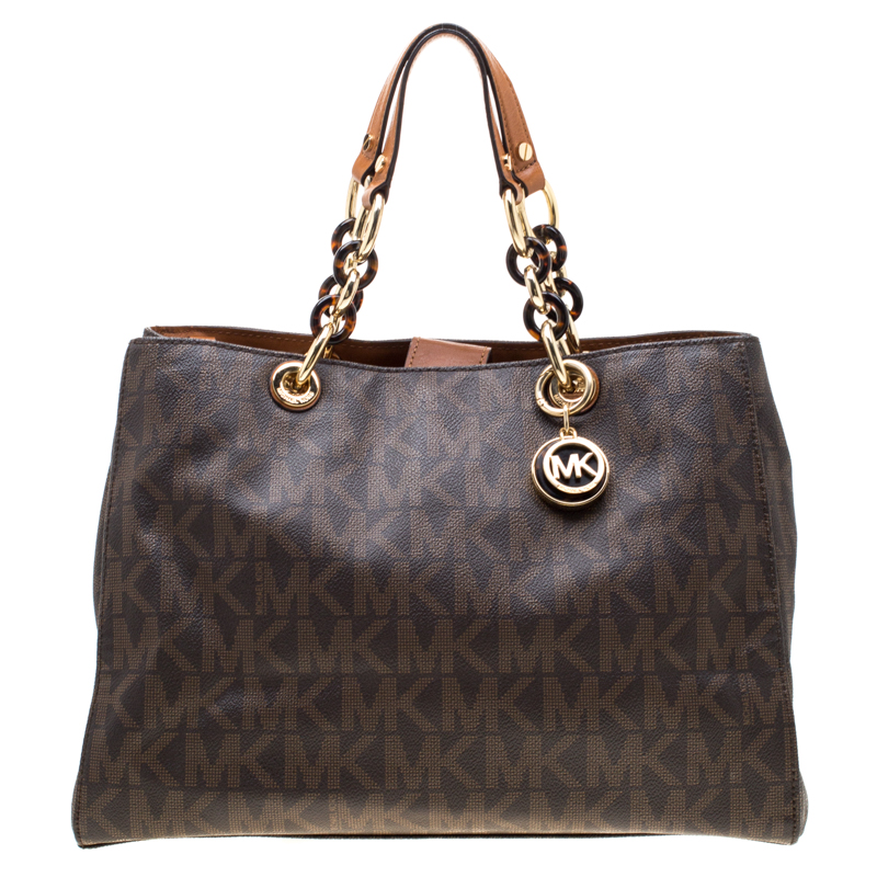 Pre Owned MICHAEL Michael Kors Brown Signature Coated Canvas Medium Cynthia Tote