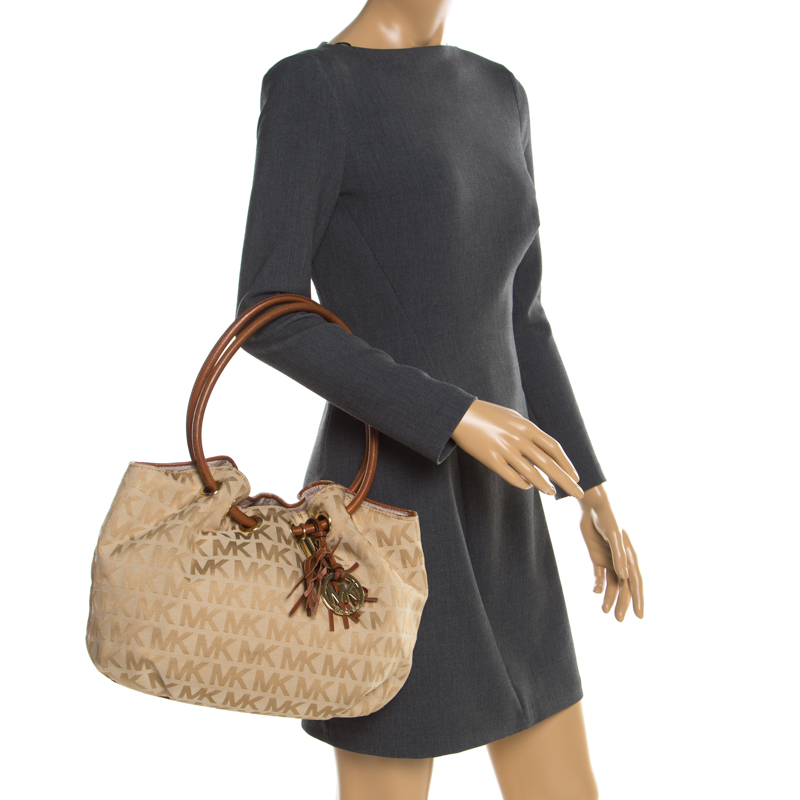 

MICHAEL Michael Kors Beige/Brown Signature Canvas and Leather Ring Tassel Tote