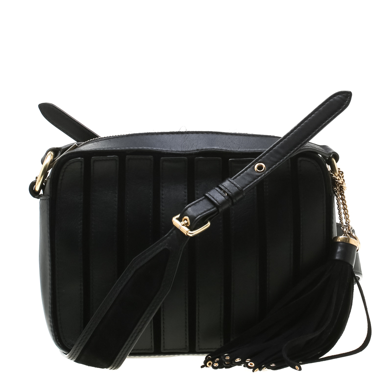 Pre Owned MICHAEL Michael Kors Black Leather Brooklyn Stripe Camera Crossbody Bag