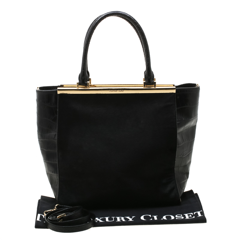 Pre-owned Michael Michael Kors Black Calf Hair And Croc Embossed Leather Large Lana Tote