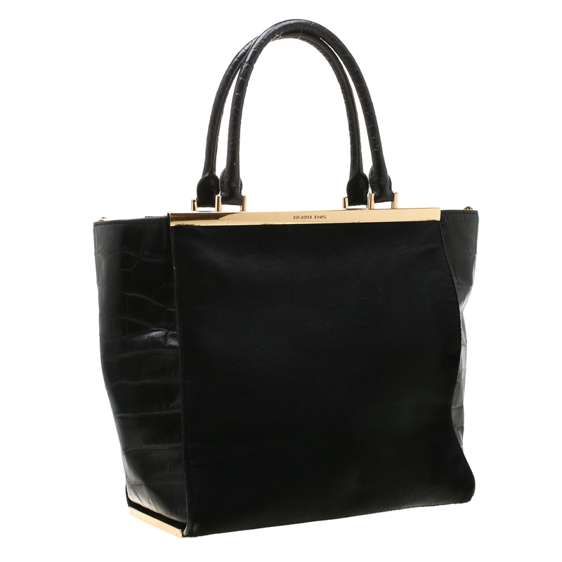 Pre-owned Michael Michael Kors Black Calf Hair And Croc Embossed Leather Large Lana Tote