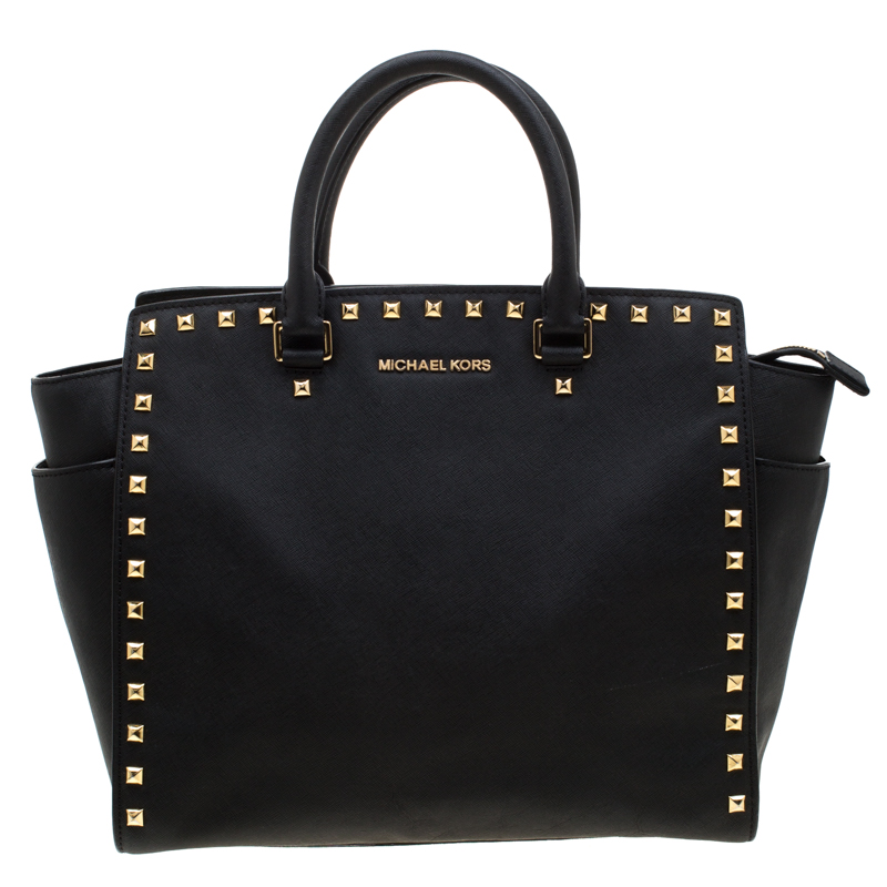 Pre Owned Michael Kors Black Leather Medium Selma Studded Tote