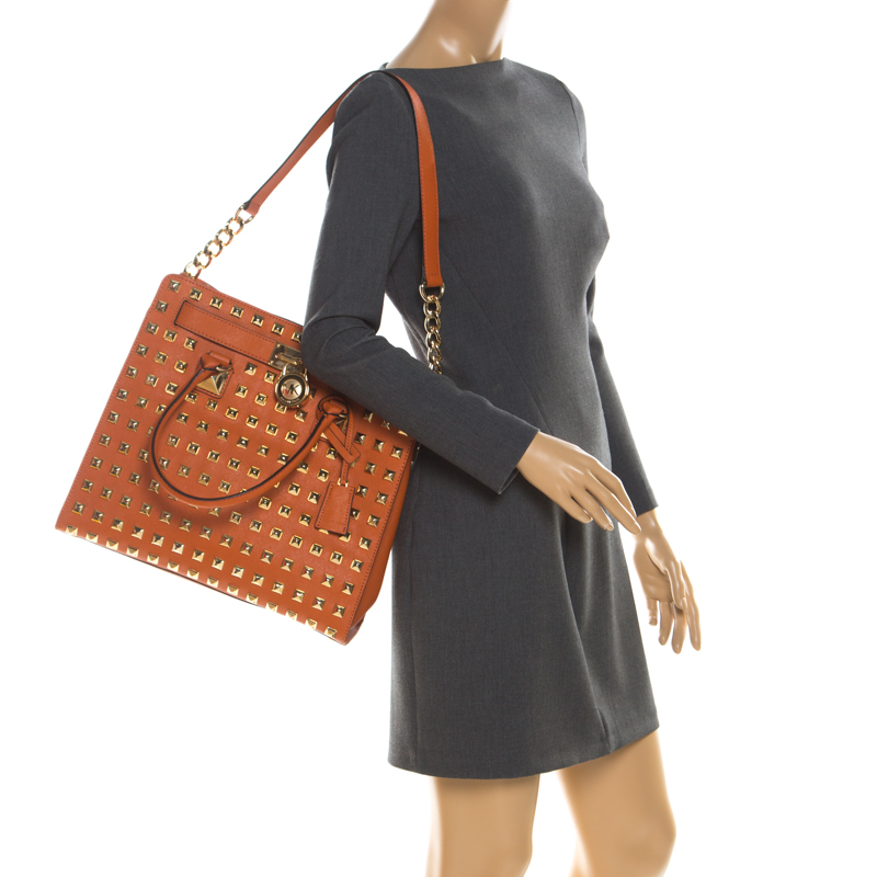 

MICHAEL Michael Kors Orange Leather Large Studded Hamilton Tote