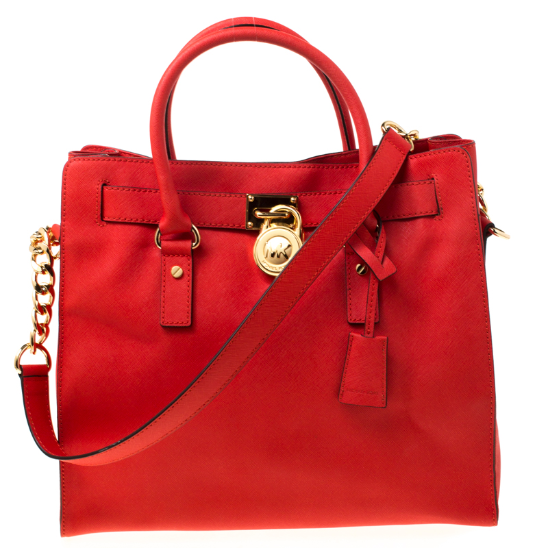 Pre Owned MICHAEL  Michael Kors Orange Saffiano Leather Large Hamilton North South Tote
