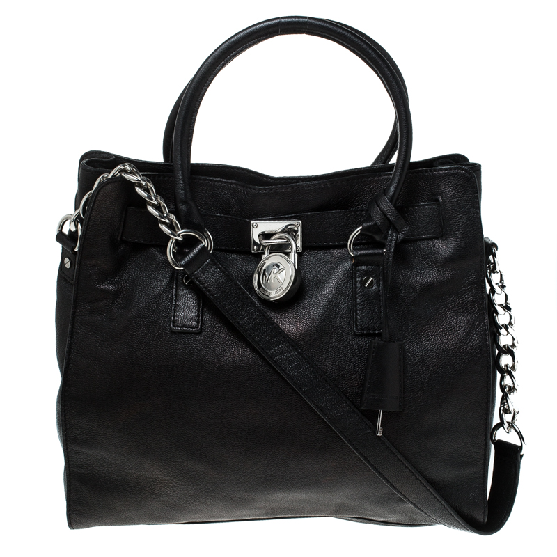 Pre Owned Michael Michael Kors Black Leather Large East West Hamilton Tote
