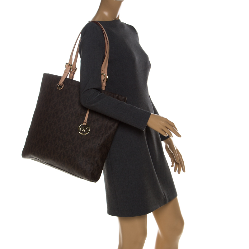 

MICHAEL Michael Kors Brown Coated Canvas Jet Set North South Tote