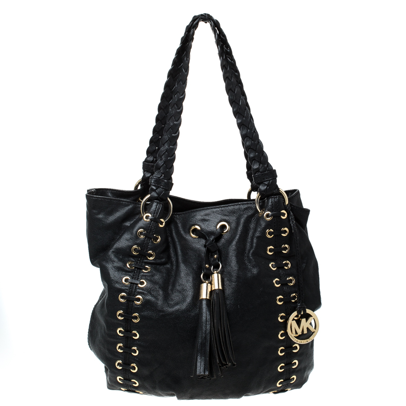 Pre Owned Michael Michael Kors Black Leather Astor Grommet Drawstring Tote