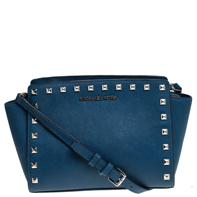 Pre Owned MICHAEL Michael Kors Blue Leather Studded Selma Crossbody Bag