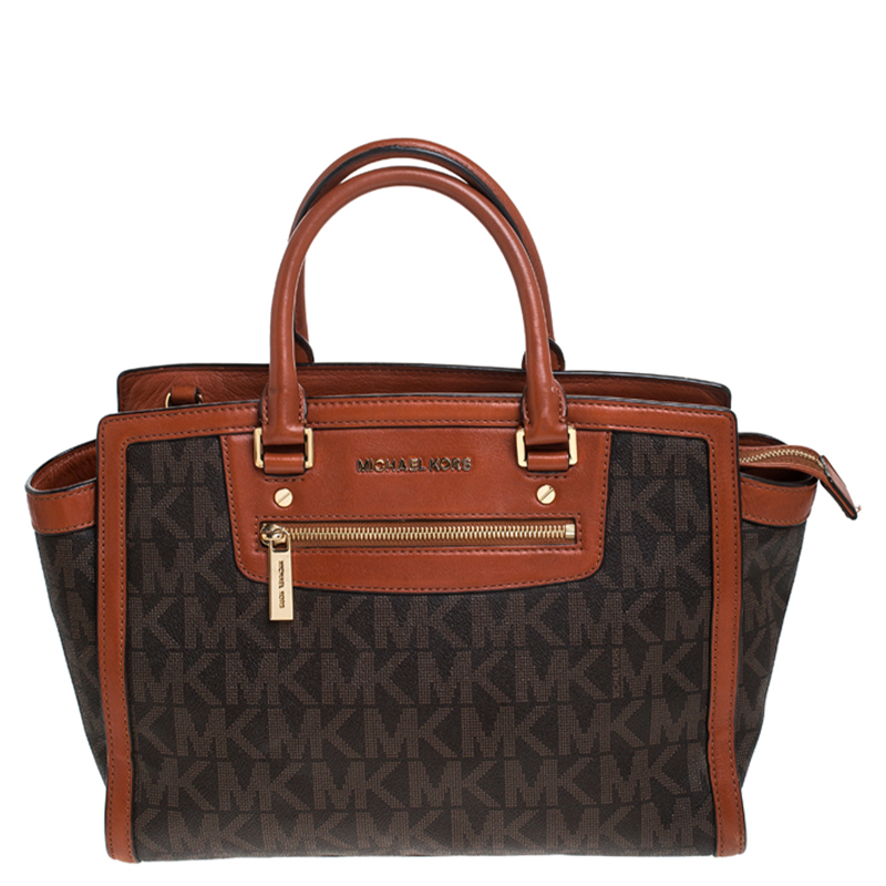 مملوكة مسبقًا MICHAEL Michael Kors Brown Signature Coated Canvas and Leather Selma Tote