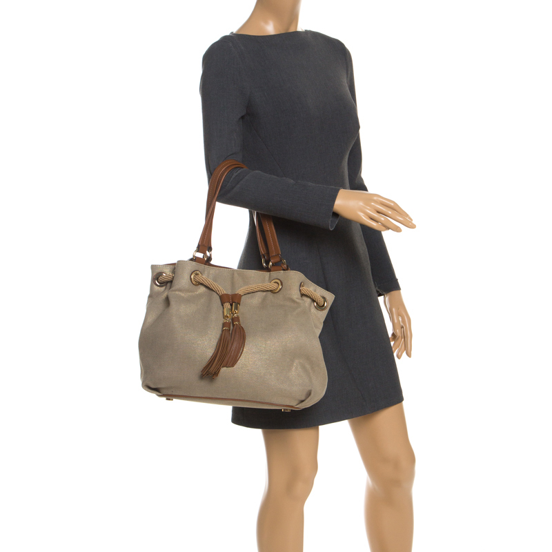 

MICHAEL Michael Kors Beige/Brown Canvas and Leather Drawstring Shoulder Bag