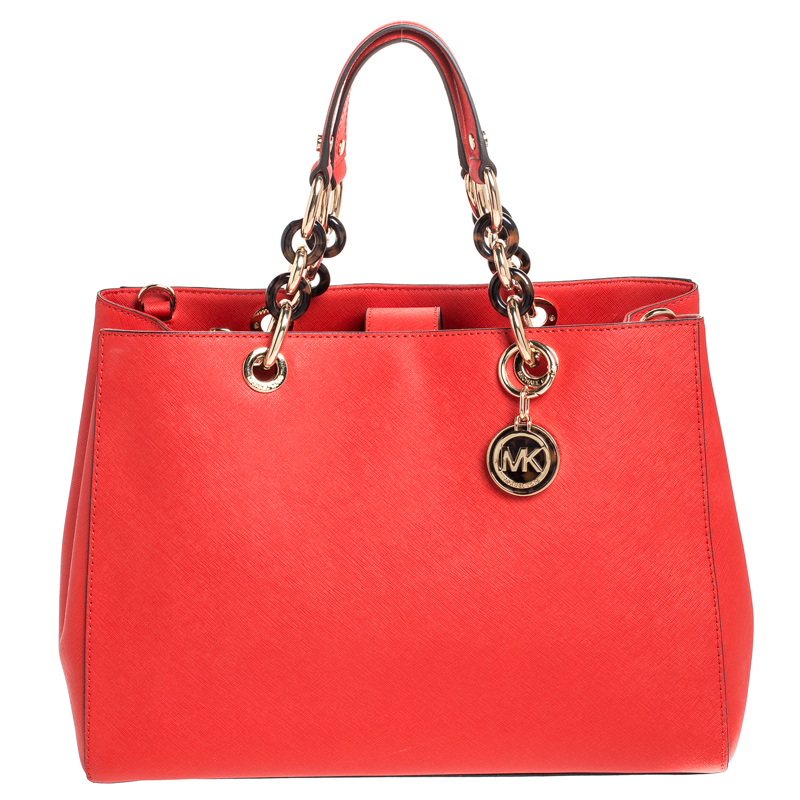 Pre Owned MICHAEL Michael Kors Orange Leather Cynthia Tote