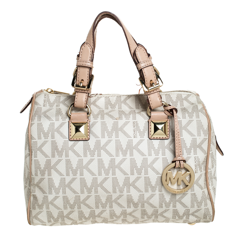 مملوكة مسبقًا MICHAEL Michael Kors Ivory/Beige Signature Coated Canvas Grayson Satchel