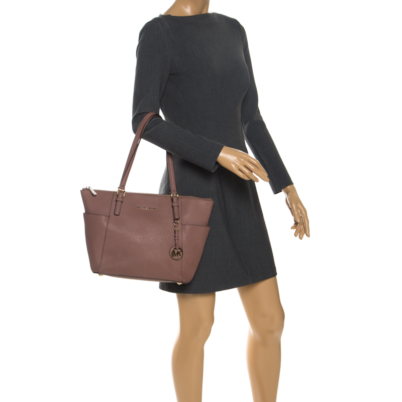 

MICHAEL Michael Kors Pink Saffiano Leather Top Zip Jet Set Tote