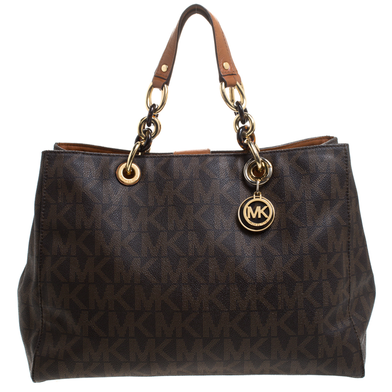 Pre Owned حقيبة يد مايكل مايكل كورس سينثيا كبيرة كانفاس مقوى بالشعار بنية