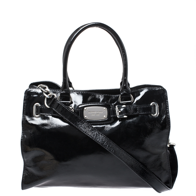 Pre Owned Michael Michael Kors Black Patent Leather East West Hamilton Tote