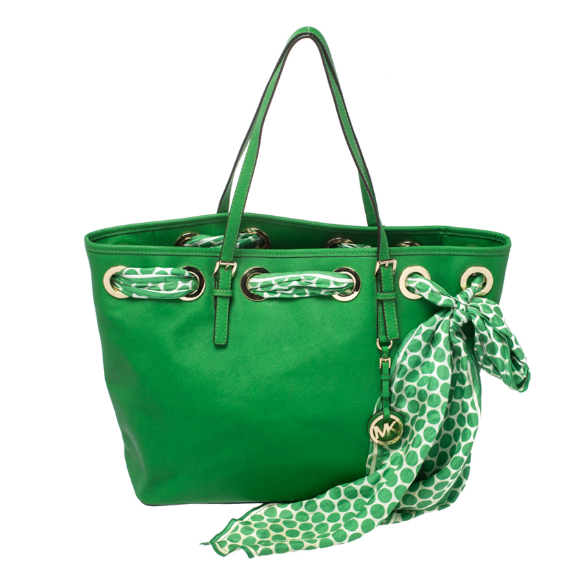 Pre-owned Michael Michael Kors Michael Michel Kors Green Leather Large Jet Set Scarf Tote