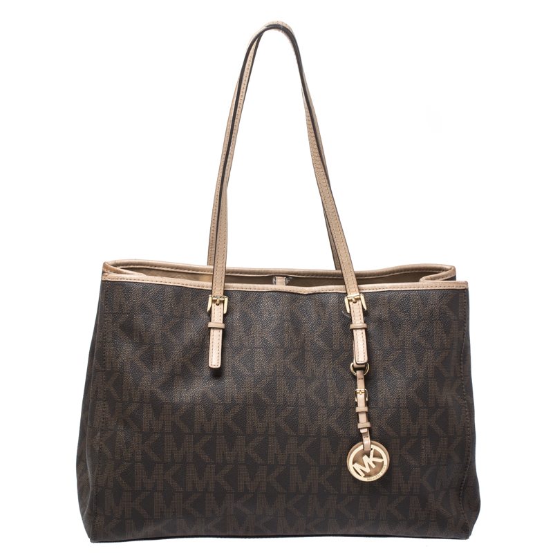 مملوكة مس بقًا حقيبة يد مايكل مايكل كورس جت ست جلد وكانفاس مقوى شهيرة بنية