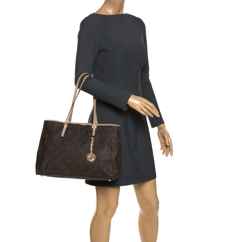 

MICHAEL Michael Kors Brown Signature Coated Canvas and Leather Jet Set Tote
