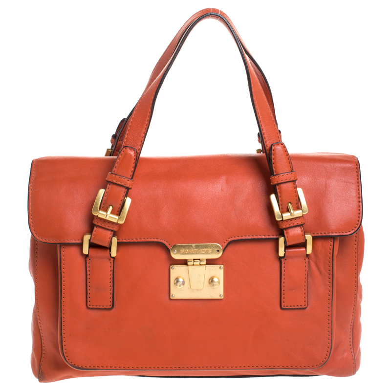 Pre Owned MICHAEL Michael Kors Dark Orange Leather Pushlock Flap Shoulder Bag