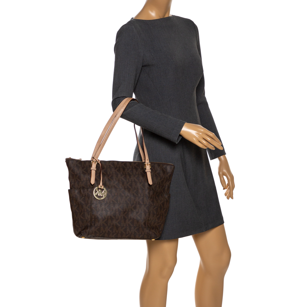 

MICHAEL Michael Kors Dark Brown Signature Coated Canvas Top Zip Jet Set Tote